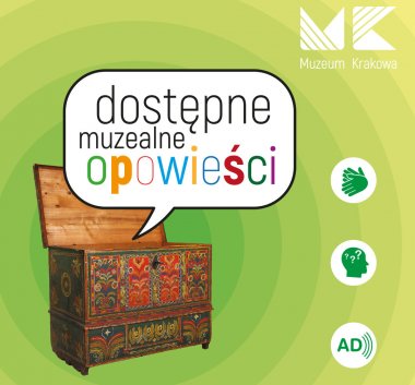 Skrzynia na zielonym tle. W dymku napis "dostępne muzealne opowieści"