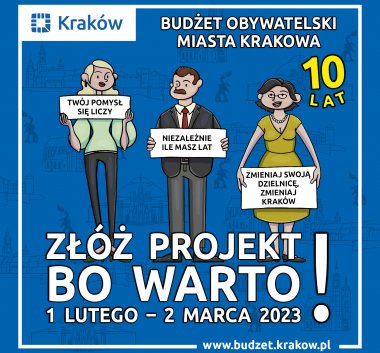 Kolorowa grafika. Troje osób zachęcających do składania wniosków na niebieskim tle.